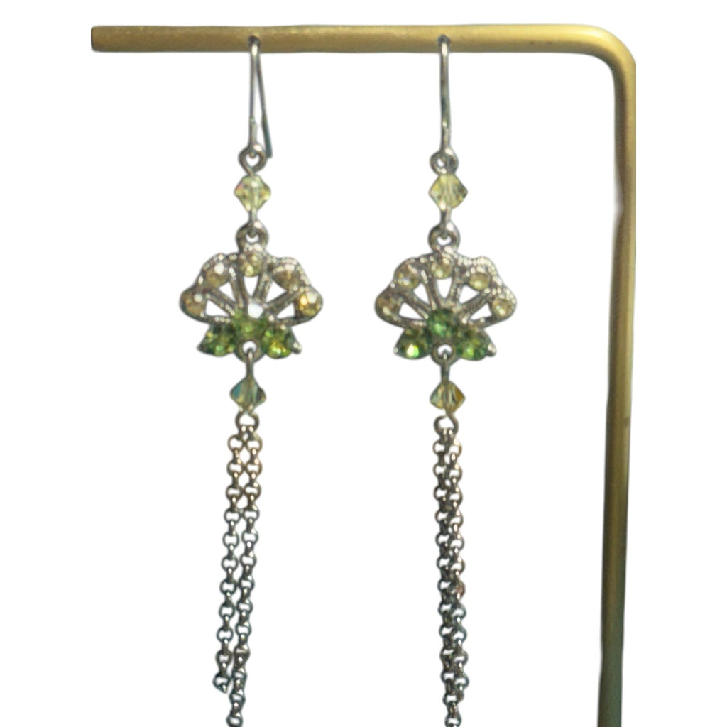 Crystal Drop Dangle Earrings With Green Accents & Chain Tassels Lightweight & Elegant Design Ideal For Formal & Casual Wear