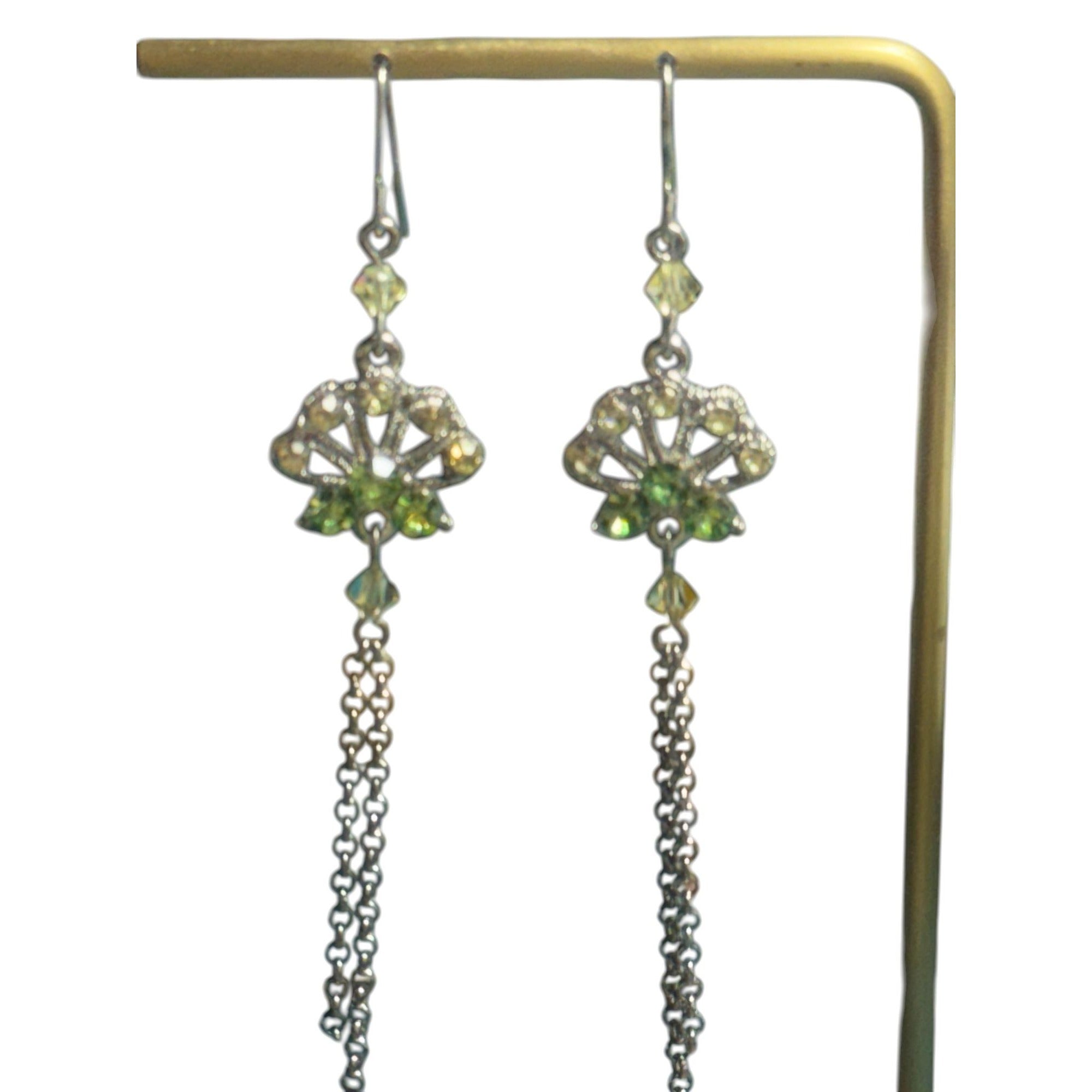 Crystal Drop Dangle Earrings With Green Accents & Chain Tassels Lightweight & Elegant Design Ideal For Formal & Casual Wear
