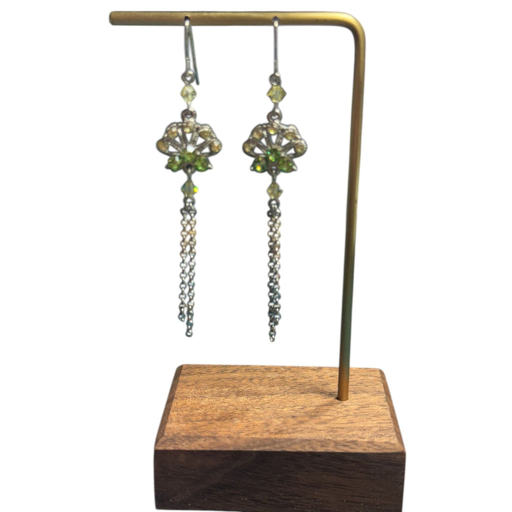 Crystal Drop Dangle Earrings With Green Accents & Chain Tassels Lightweight & Elegant Design Ideal For Formal & Casual Wear