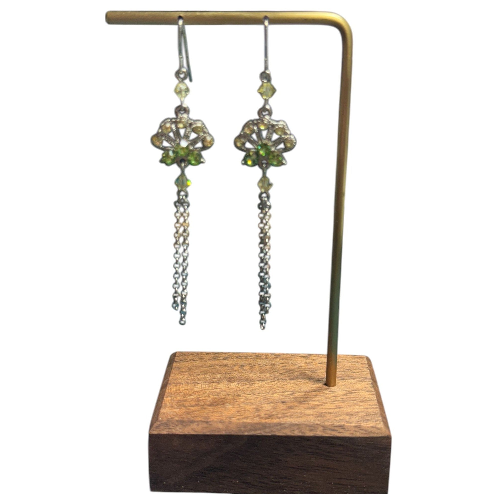 Crystal Drop Dangle Earrings With Green Accents & Chain Tassels Lightweight & Elegant Design Ideal For Formal & Casual Wear
