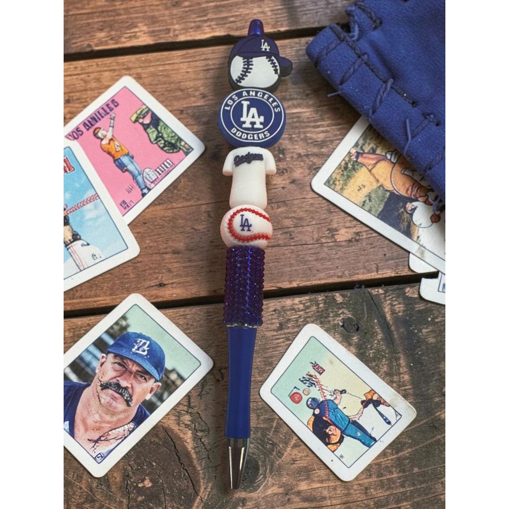 Los Angeles Dodgers-Themed Ballpoint Pen With Decorative Baseball Cap Jersey & Logo Topper Blue Bejeweled Grip