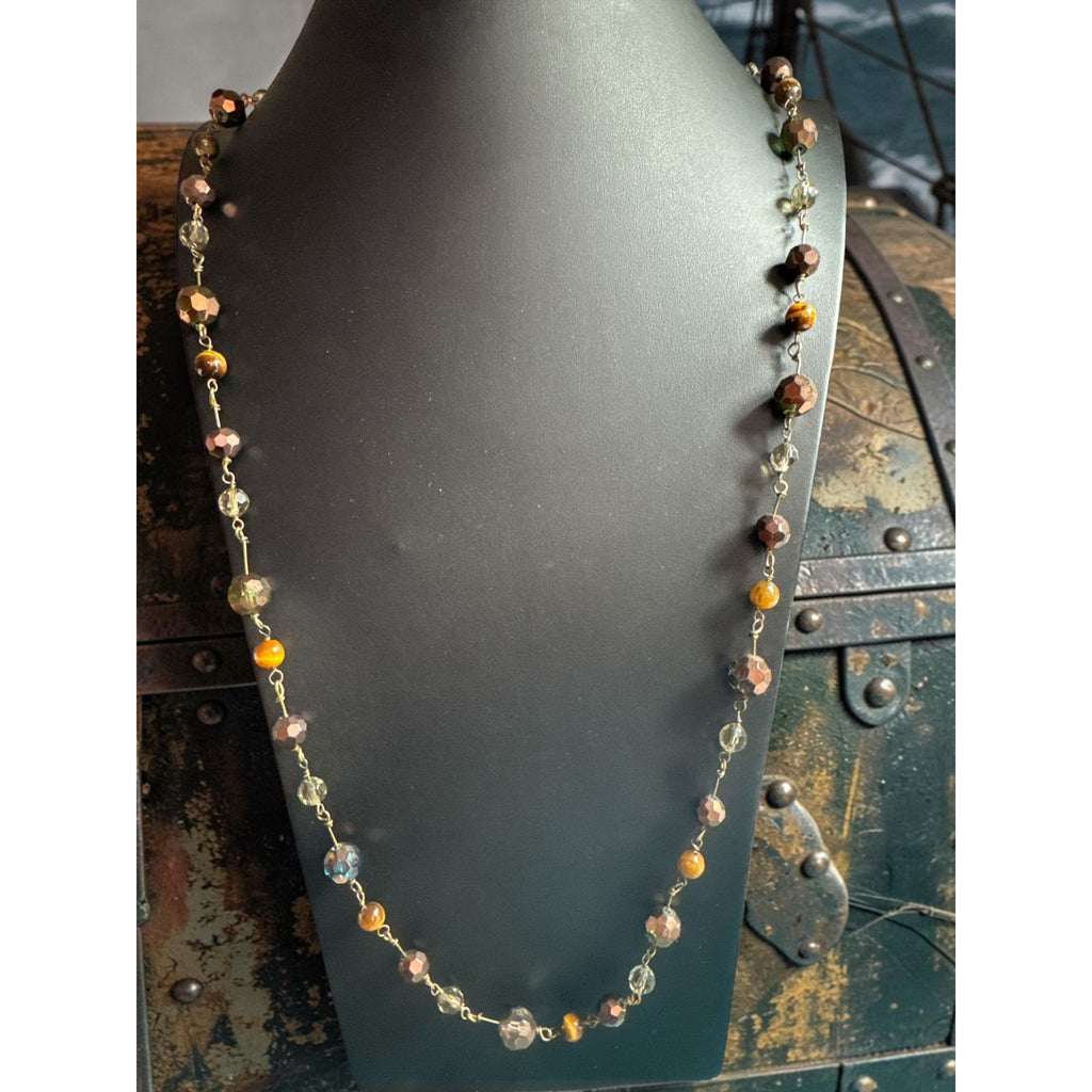 Cookie Lee Brown Amber Faceted Bead Necklace with Tiger Eye Accents & Gold-Tone Chain 34-Inch Length