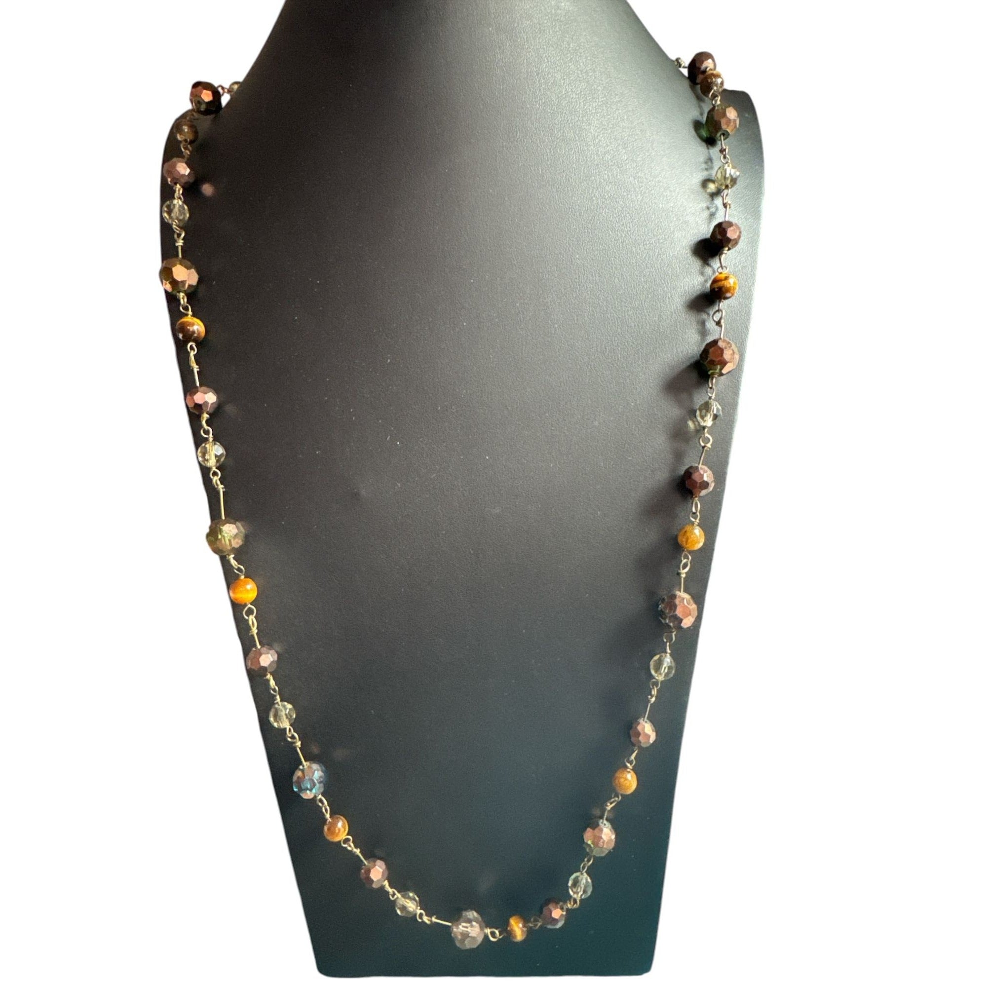 Cookie Lee Brown Amber Faceted Bead Necklace with Tiger Eye Accents & Gold-Tone Chain 34-Inch Length