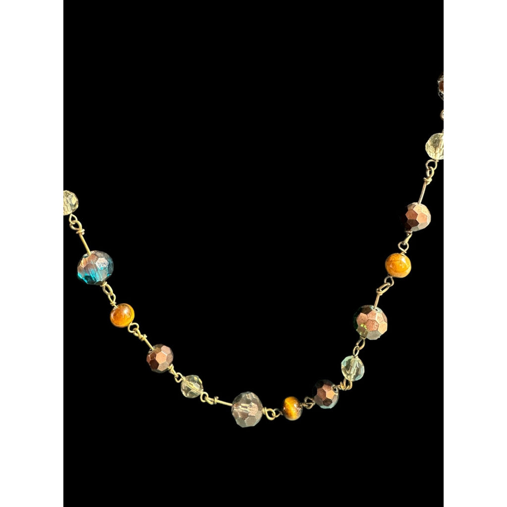 Cookie Lee Brown Amber Faceted Bead Necklace with Tiger Eye Accents & Gold-Tone Chain 34-Inch Length