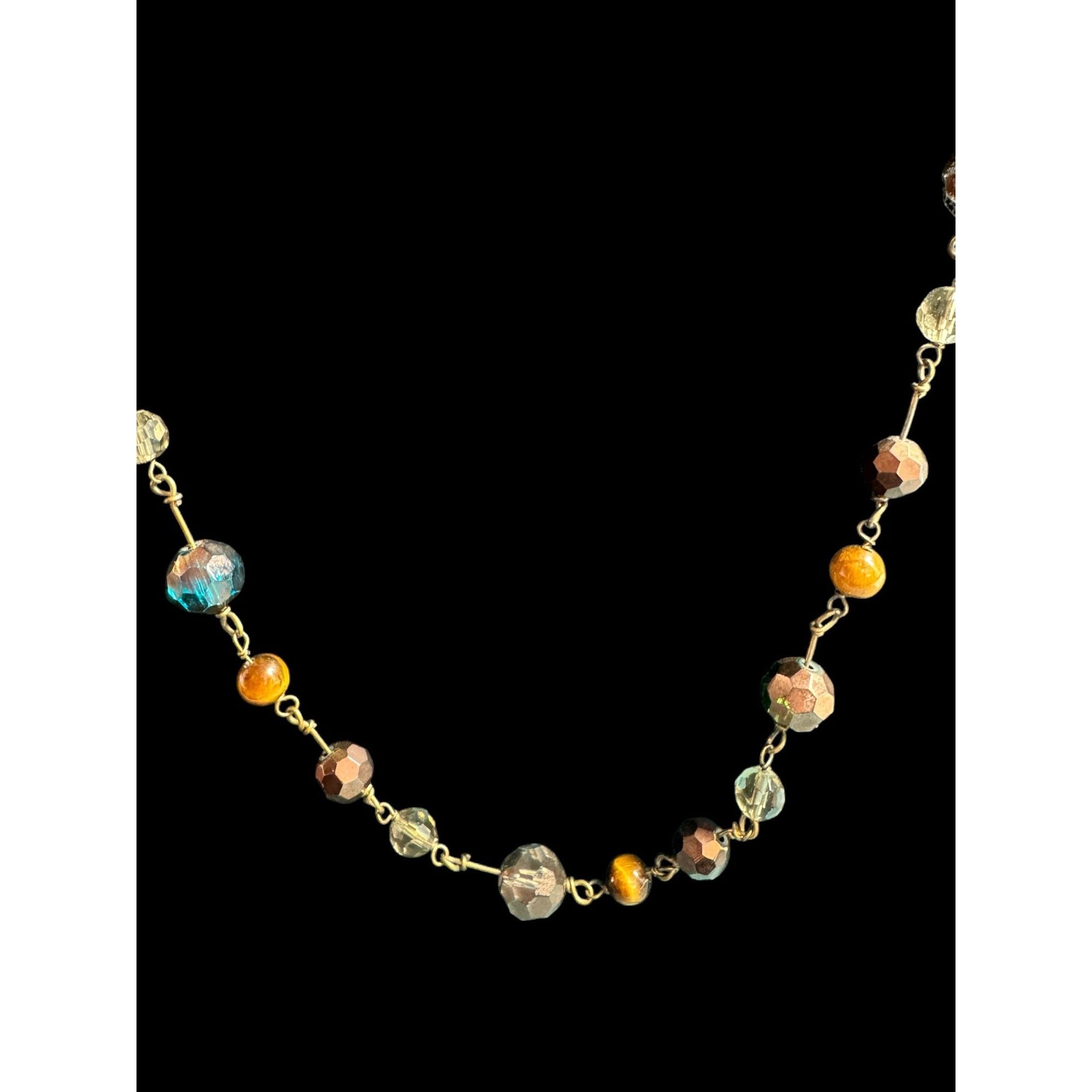 Cookie Lee Brown Amber Faceted Bead Necklace with Tiger Eye Accents & Gold-Tone Chain 34-Inch Length