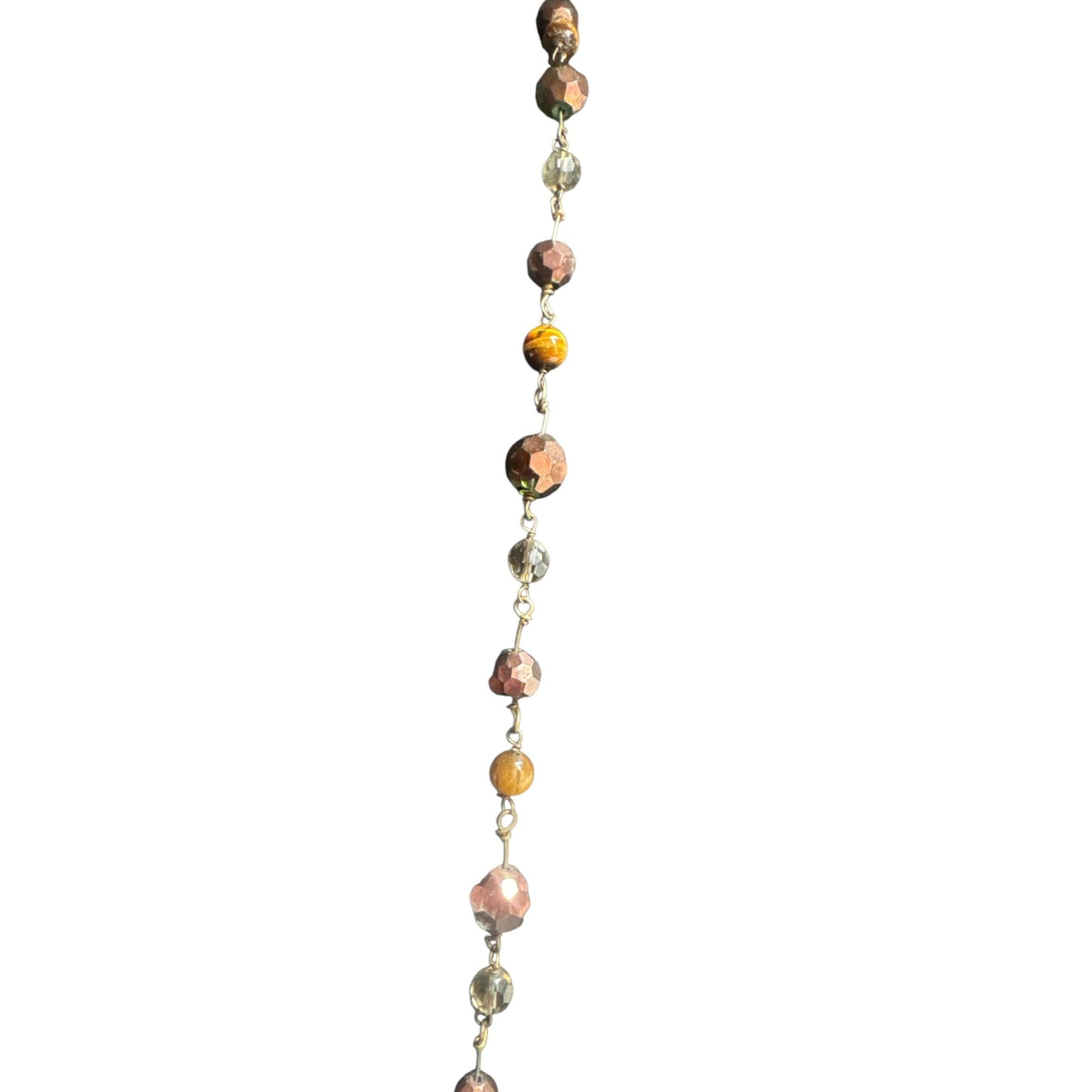 Cookie Lee Brown Amber Faceted Bead Necklace with Tiger Eye Accents & Gold-Tone Chain 34-Inch Length