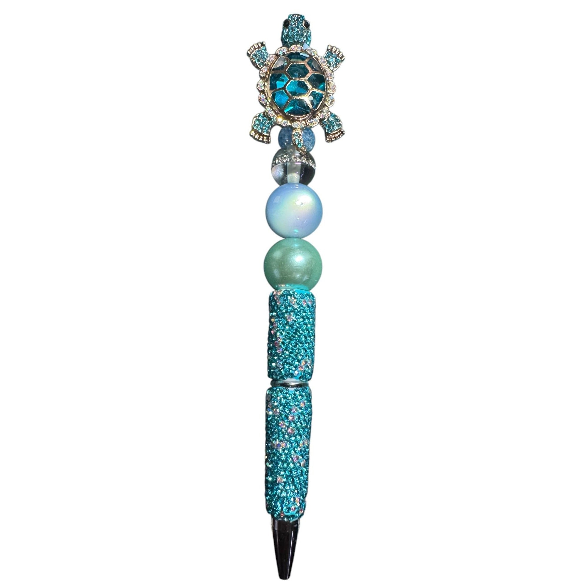 Turtle-Themed Beaded Ballpoint Pen With Rhinestones & Glittering Aqua Design