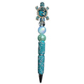 Turtle-Themed Beaded Ballpoint Pen With Rhinestones & Glittering Aqua Design