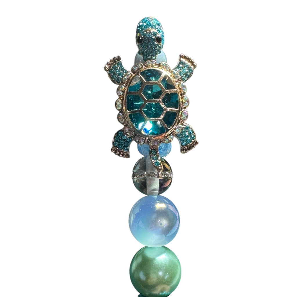 Turtle-Themed Beaded Ballpoint Pen With Rhinestones & Glittering Aqua Design