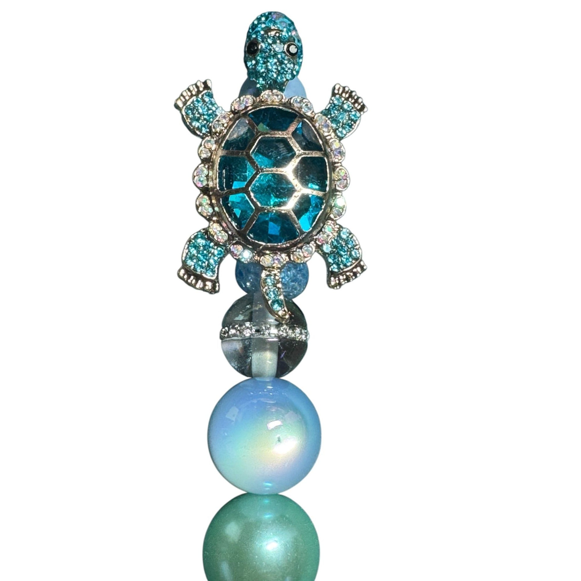 Turtle-Themed Beaded Ballpoint Pen With Rhinestones & Glittering Aqua Design