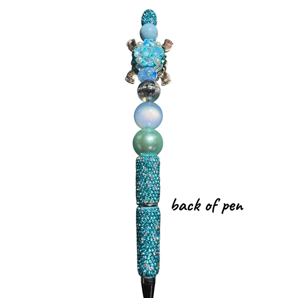 Turtle-Themed Beaded Ballpoint Pen With Rhinestones & Glittering Aqua Design