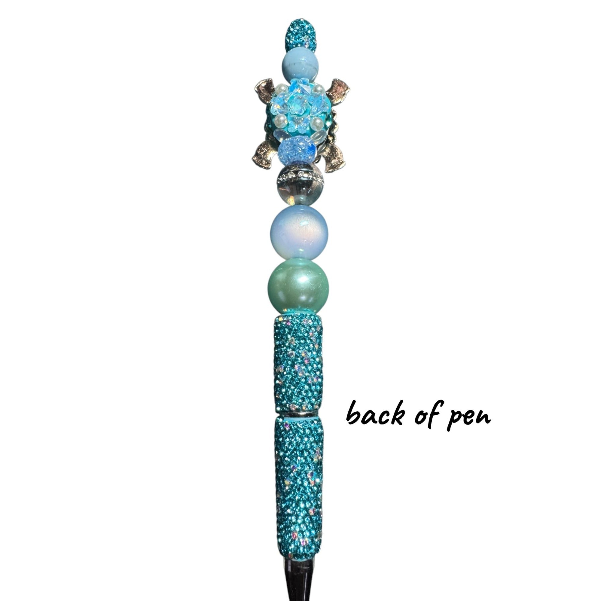 Turtle-Themed Beaded Ballpoint Pen With Rhinestones & Glittering Aqua Design