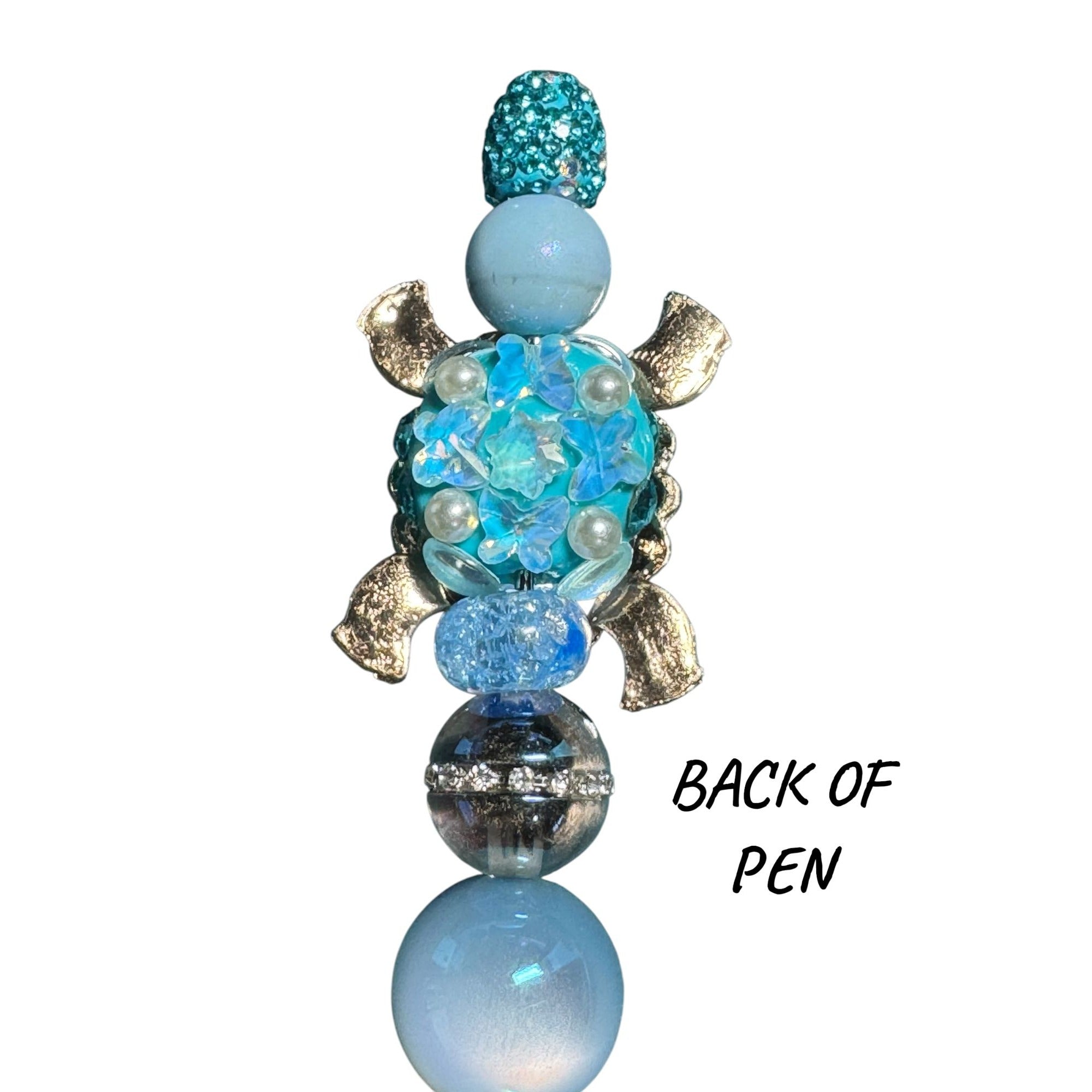 Turtle-Themed Beaded Ballpoint Pen With Rhinestones & Glittering Aqua Design