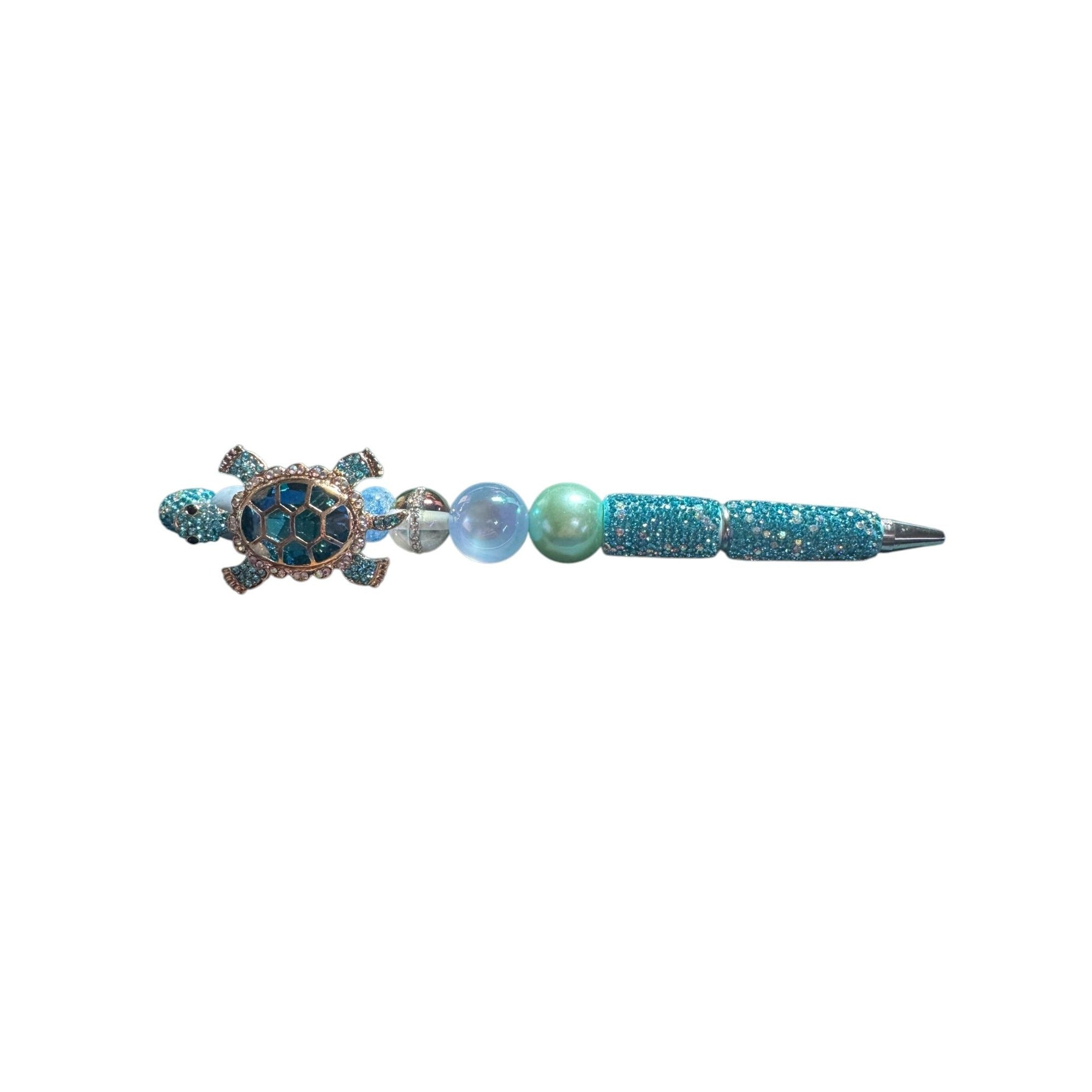 Turtle-Themed Beaded Ballpoint Pen With Rhinestones & Glittering Aqua Design