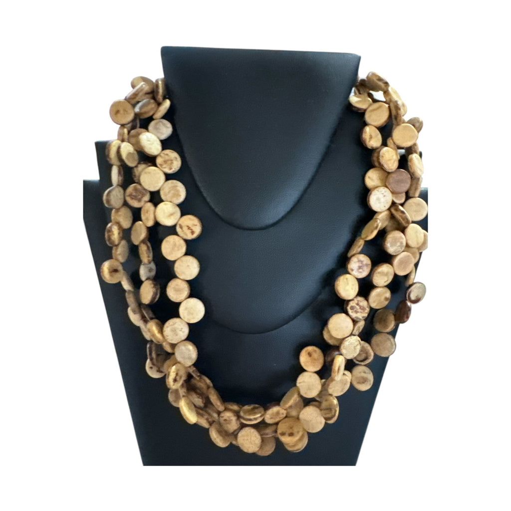 Multi-Strand Natural Wood Disc Beaded Necklace With Toggle Clasp