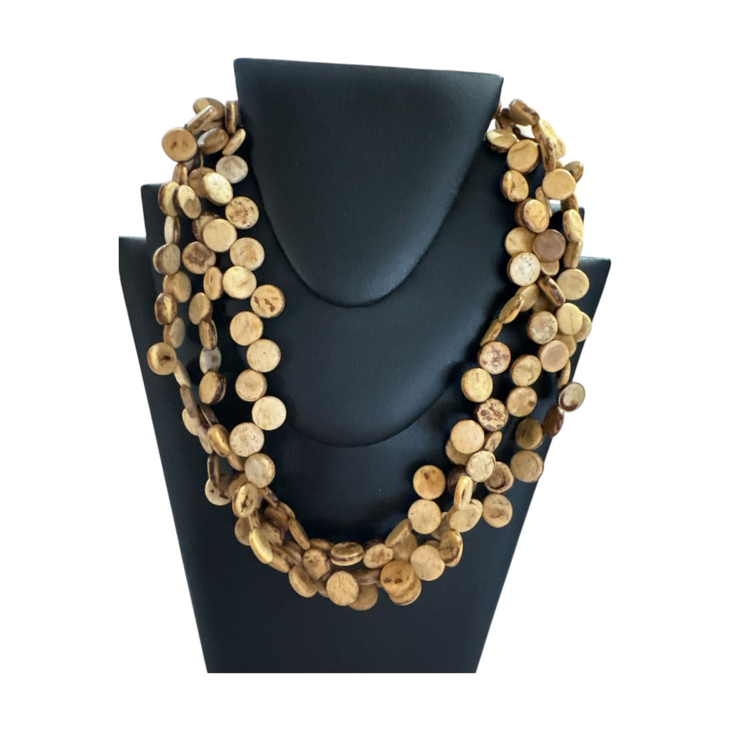 Multi-Strand Natural Wood Disc Beaded Necklace With Toggle Clasp