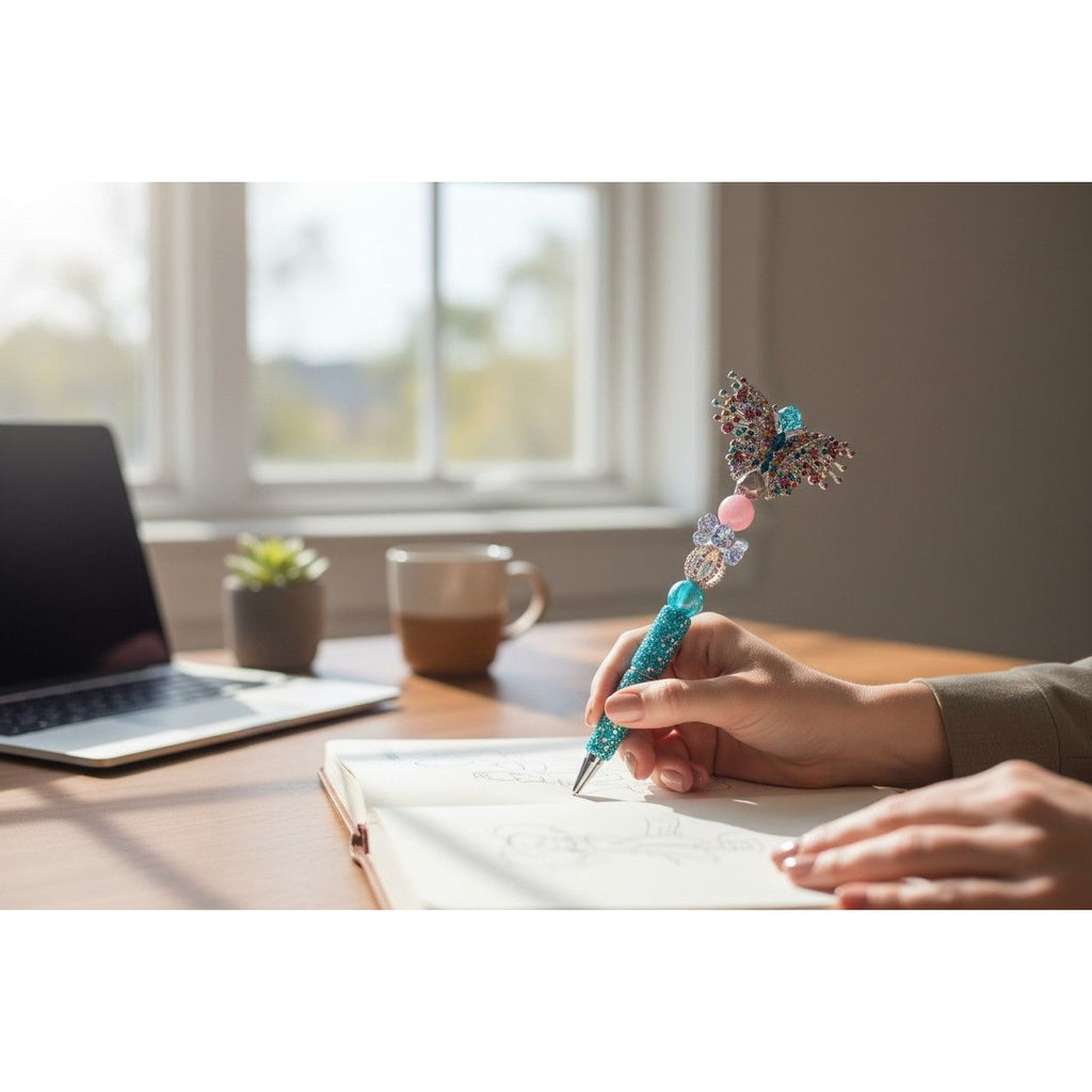 Crystal Beaded Butterfly Design Pen With Rhinestones & Glitter Finish Ideal For Gifts Or Stylish Writing Accessories