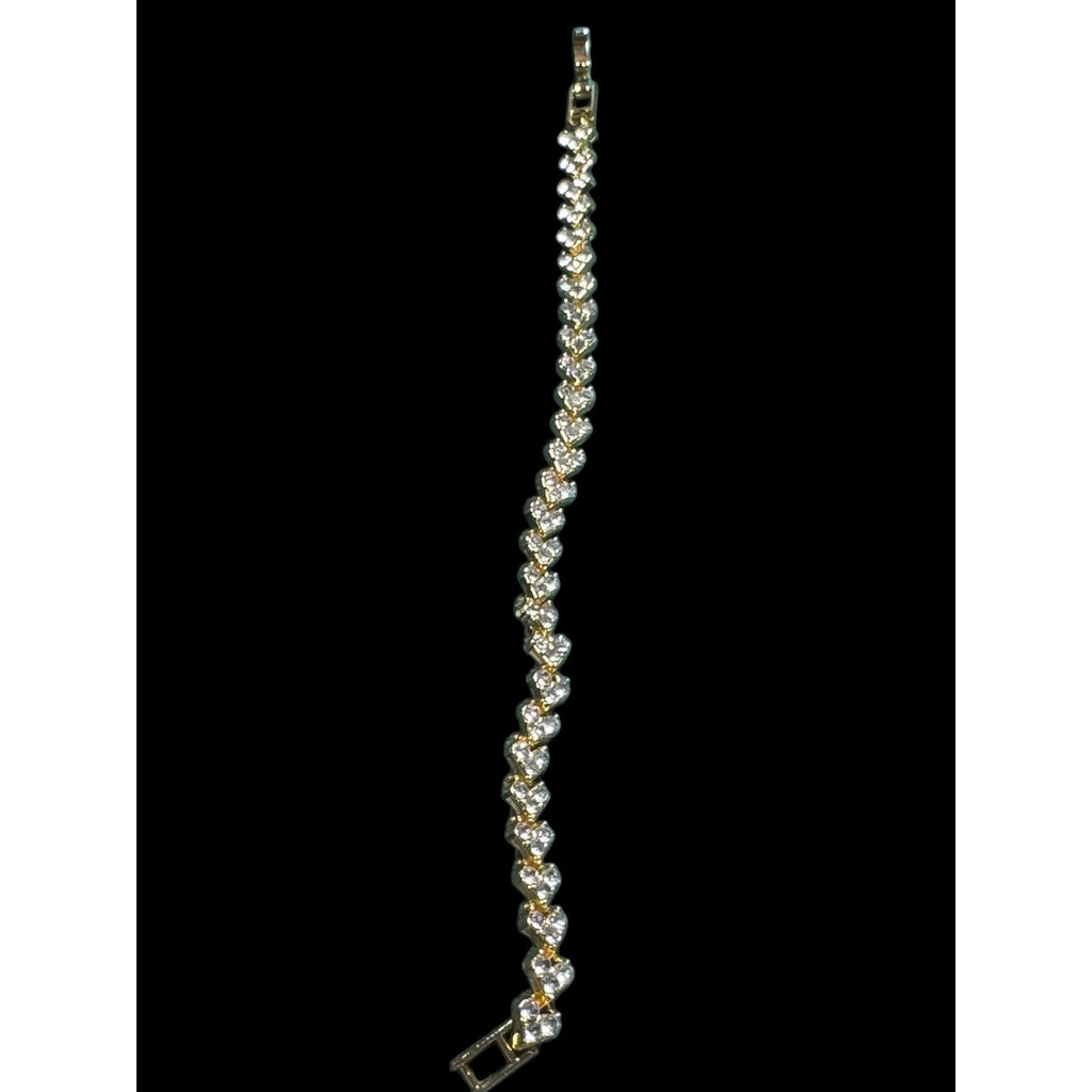 Gold Tone Heart Link Bracelet w/ Clear Stones – Sparkly CZ Style, 7” Size