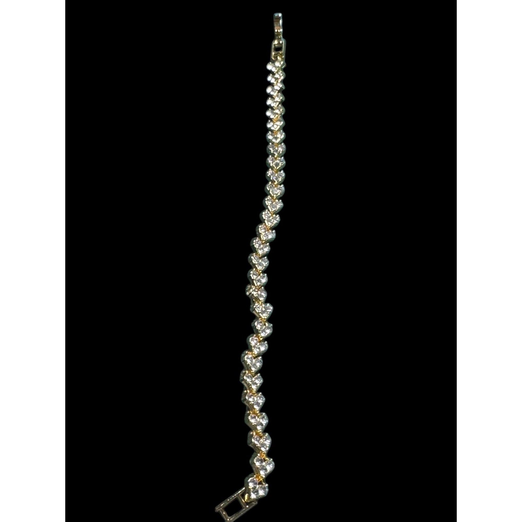 Gold Tone Heart Link Bracelet w/ Clear Stones – Sparkly CZ Style, 7” Size