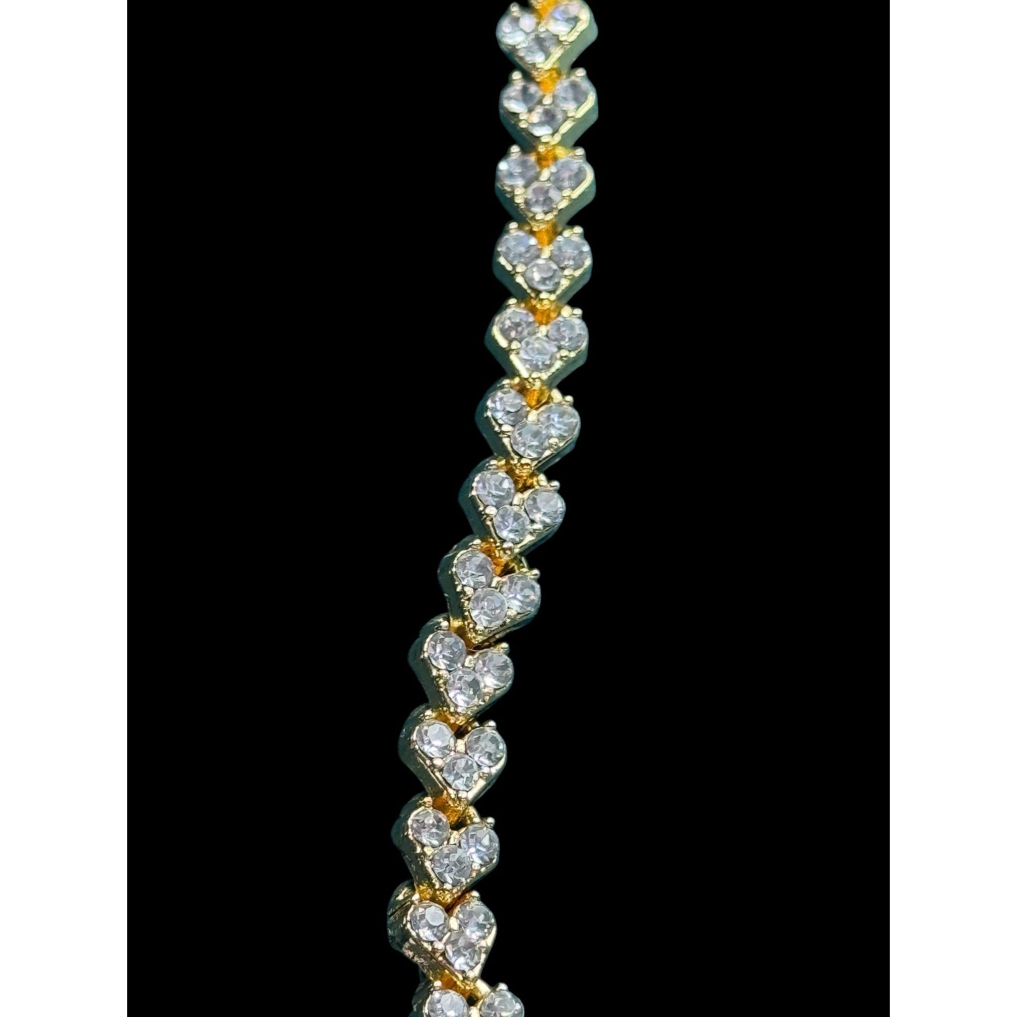 Gold Tone Heart Link Bracelet w/ Clear Stones – Sparkly CZ Style, 7” Size