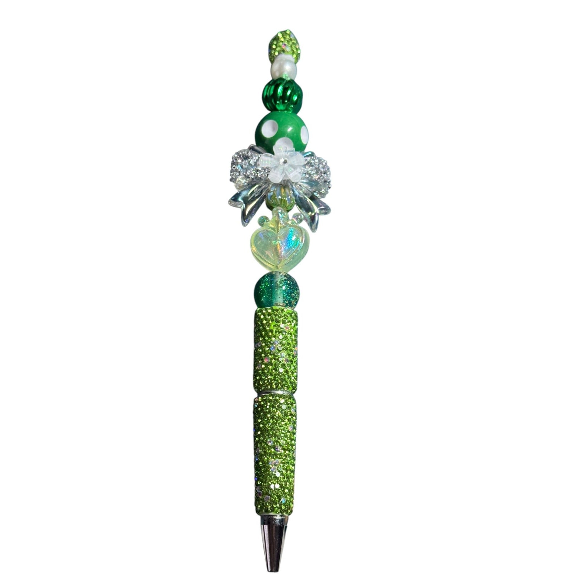 Handcrafted Green Beaded Decorative Ballpoint Pen With Rhinestone Accents For Writing & Gifting