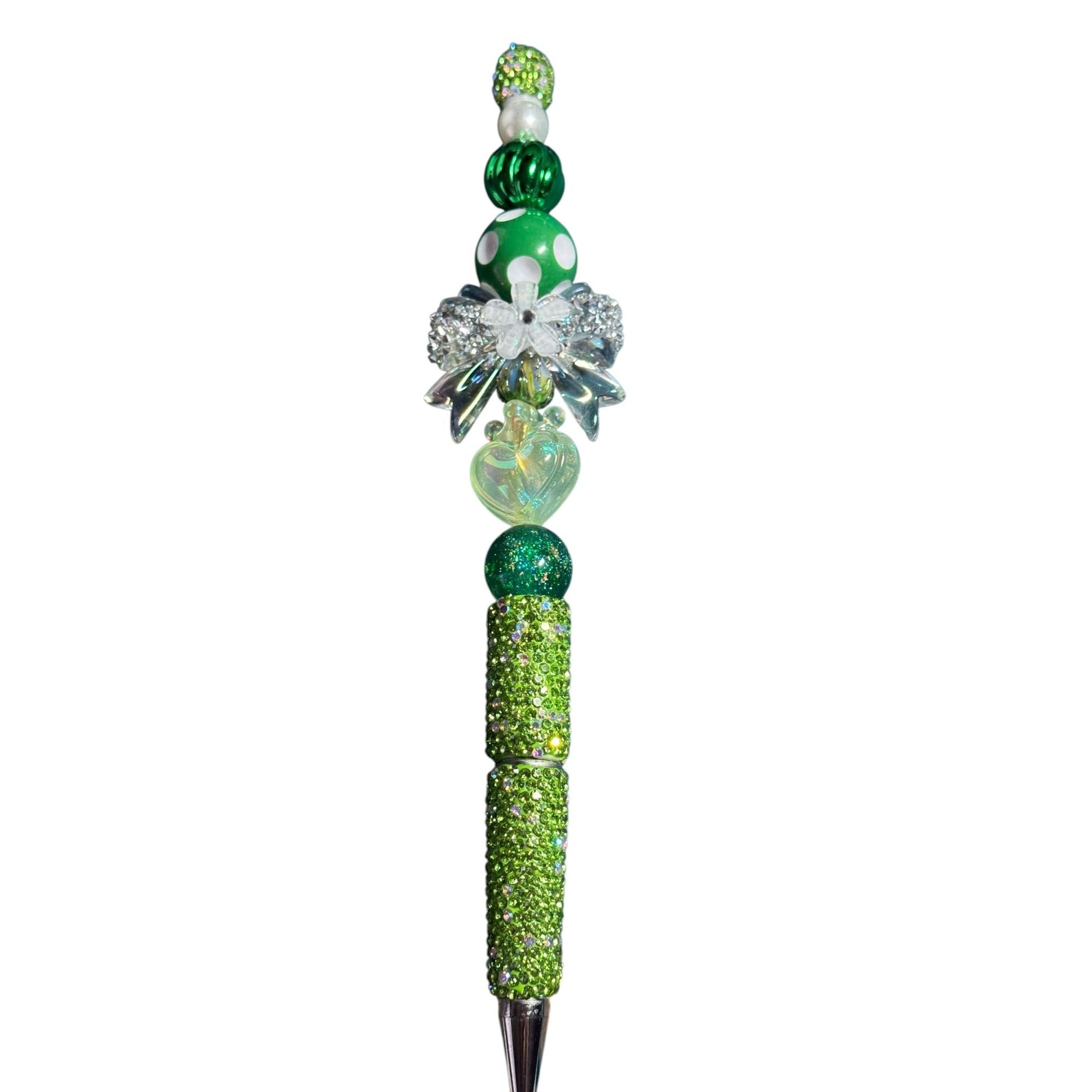 Handcrafted Green Beaded Decorative Ballpoint Pen With Rhinestone Accents For Writing & Gifting