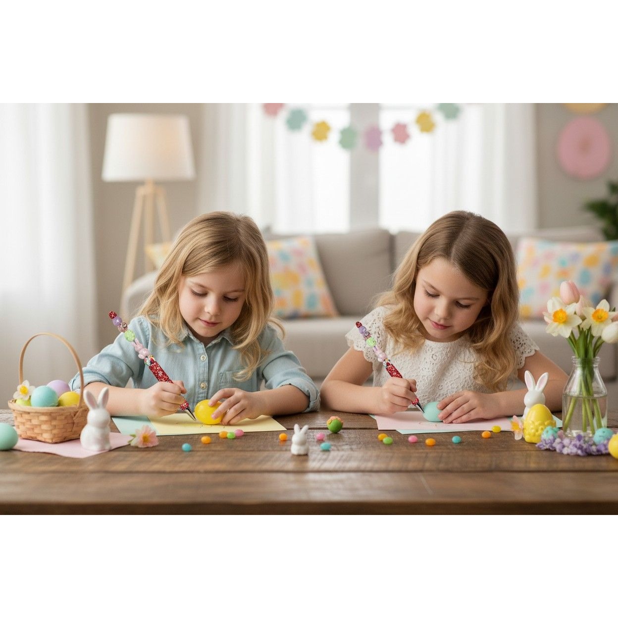 Handcrafted Easter-Themed Beaded Pen With Bunny & Egg Charms Red Glitter Accents And Spring Colors
