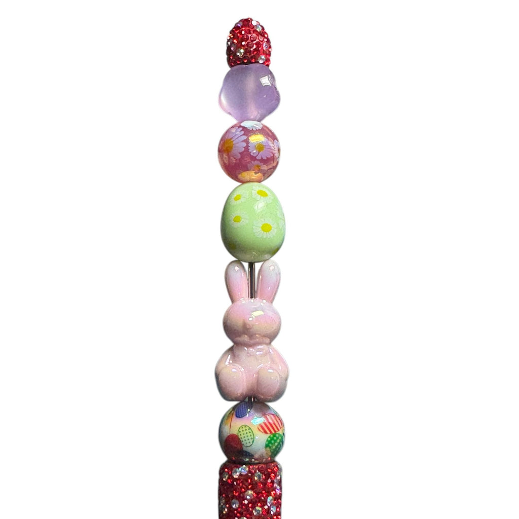 Handcrafted Easter-Themed Beaded Pen With Bunny & Egg Charms Red Glitter Accents And Spring Colors