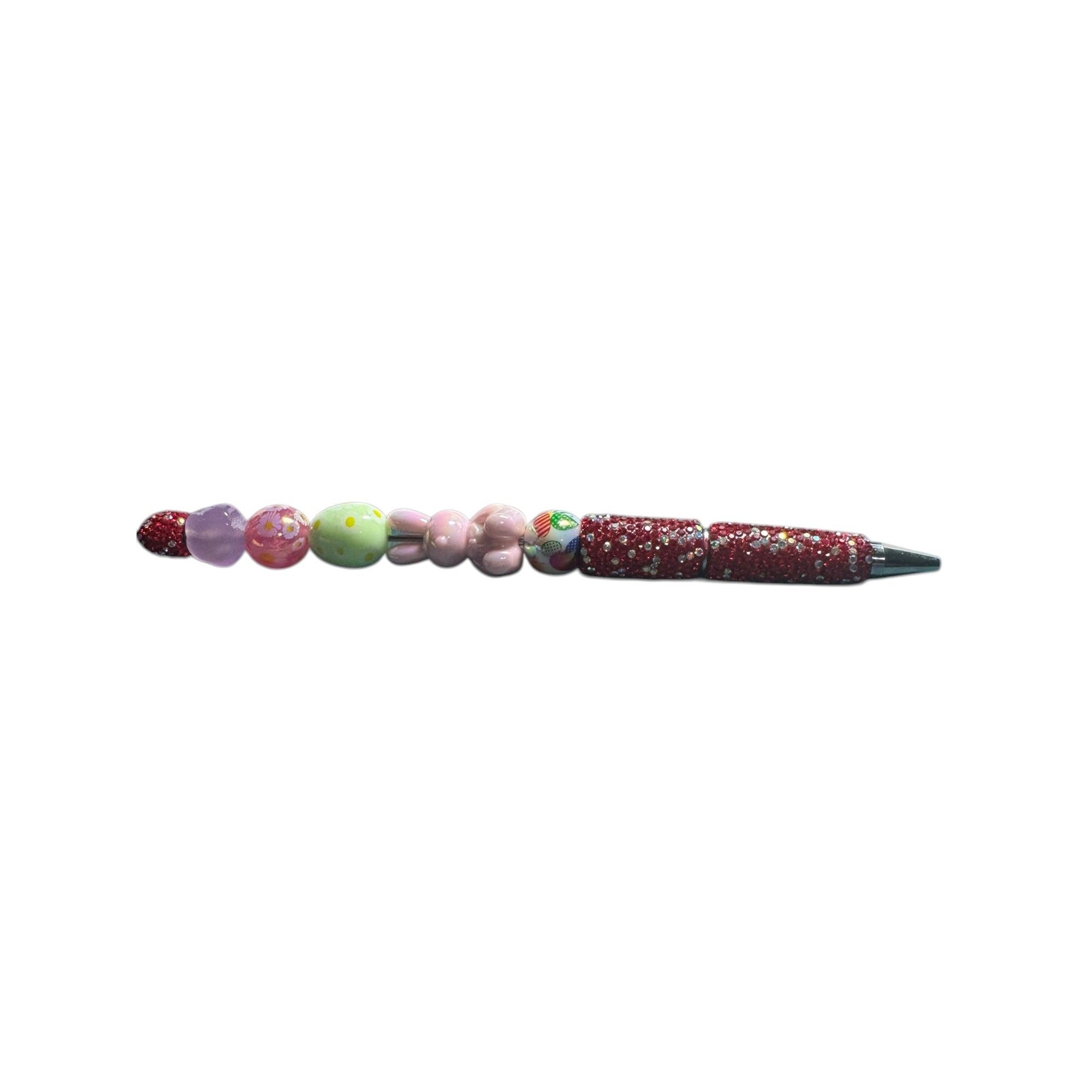 Handcrafted Easter-Themed Beaded Pen With Bunny & Egg Charms Red Glitter Accents And Spring Colors