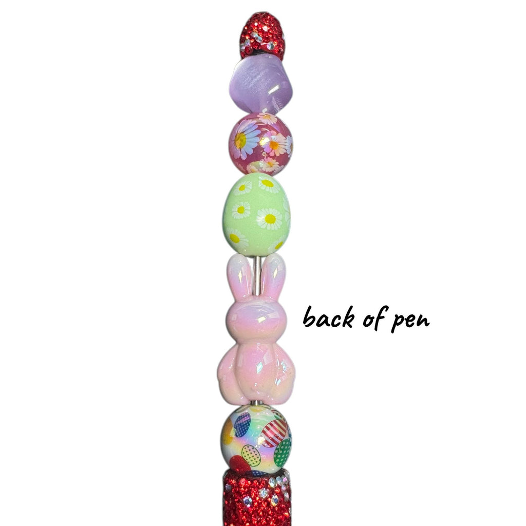 Handcrafted Easter-Themed Beaded Pen With Bunny & Egg Charms Red Glitter Accents And Spring Colors