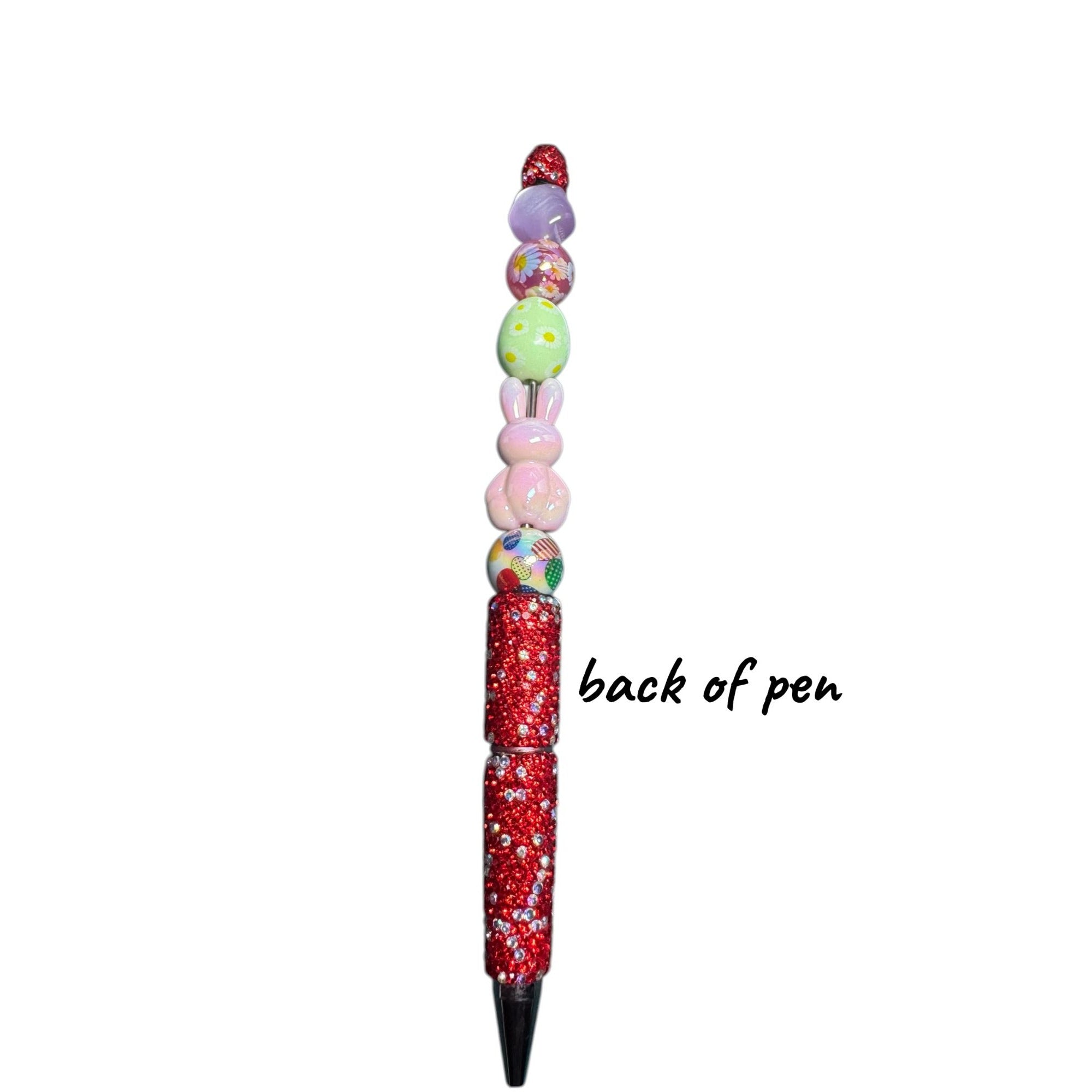 Handcrafted Easter-Themed Beaded Pen With Bunny & Egg Charms Red Glitter Accents And Spring Colors