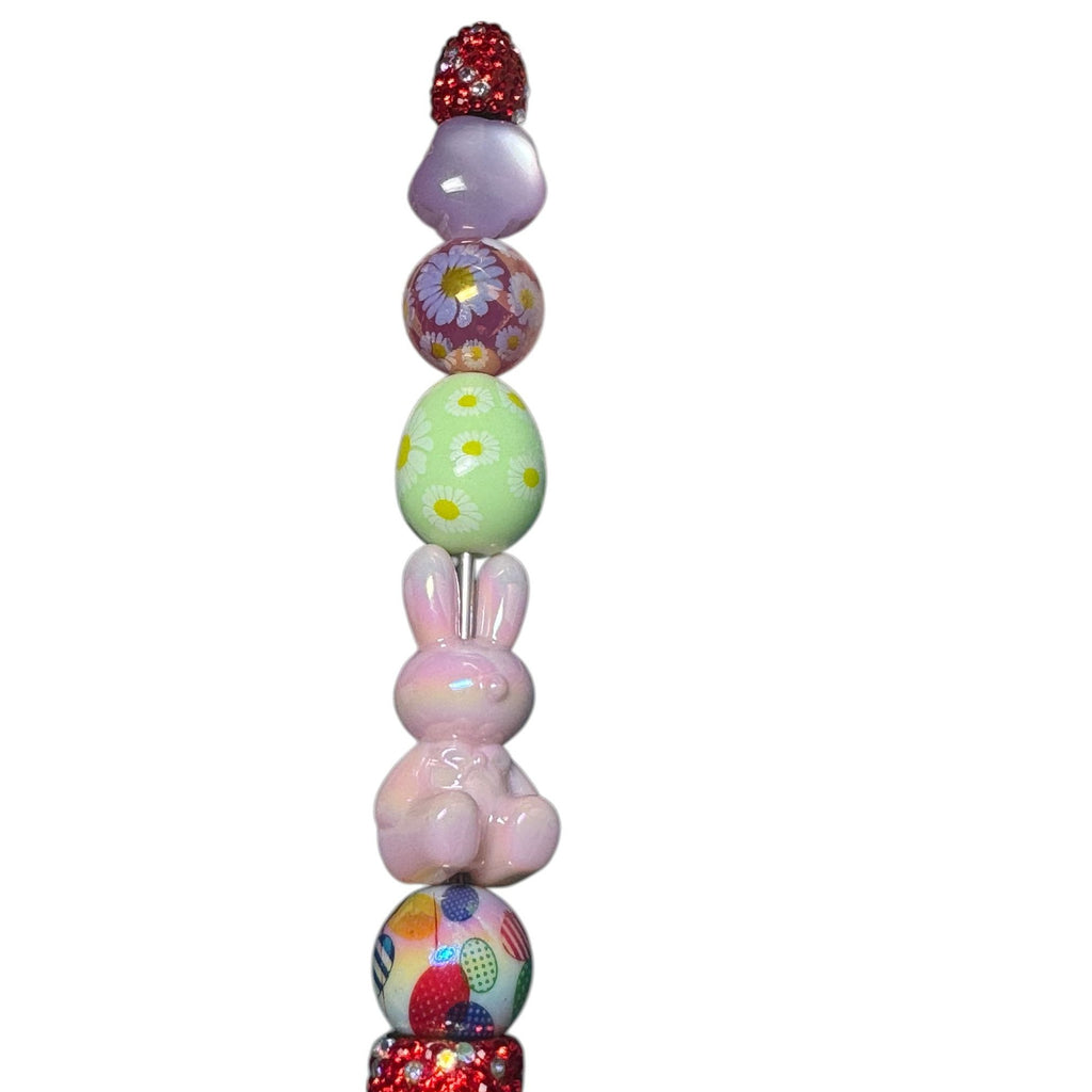 Handcrafted Easter-Themed Beaded Pen With Bunny & Egg Charms Red Glitter Accents And Spring Colors
