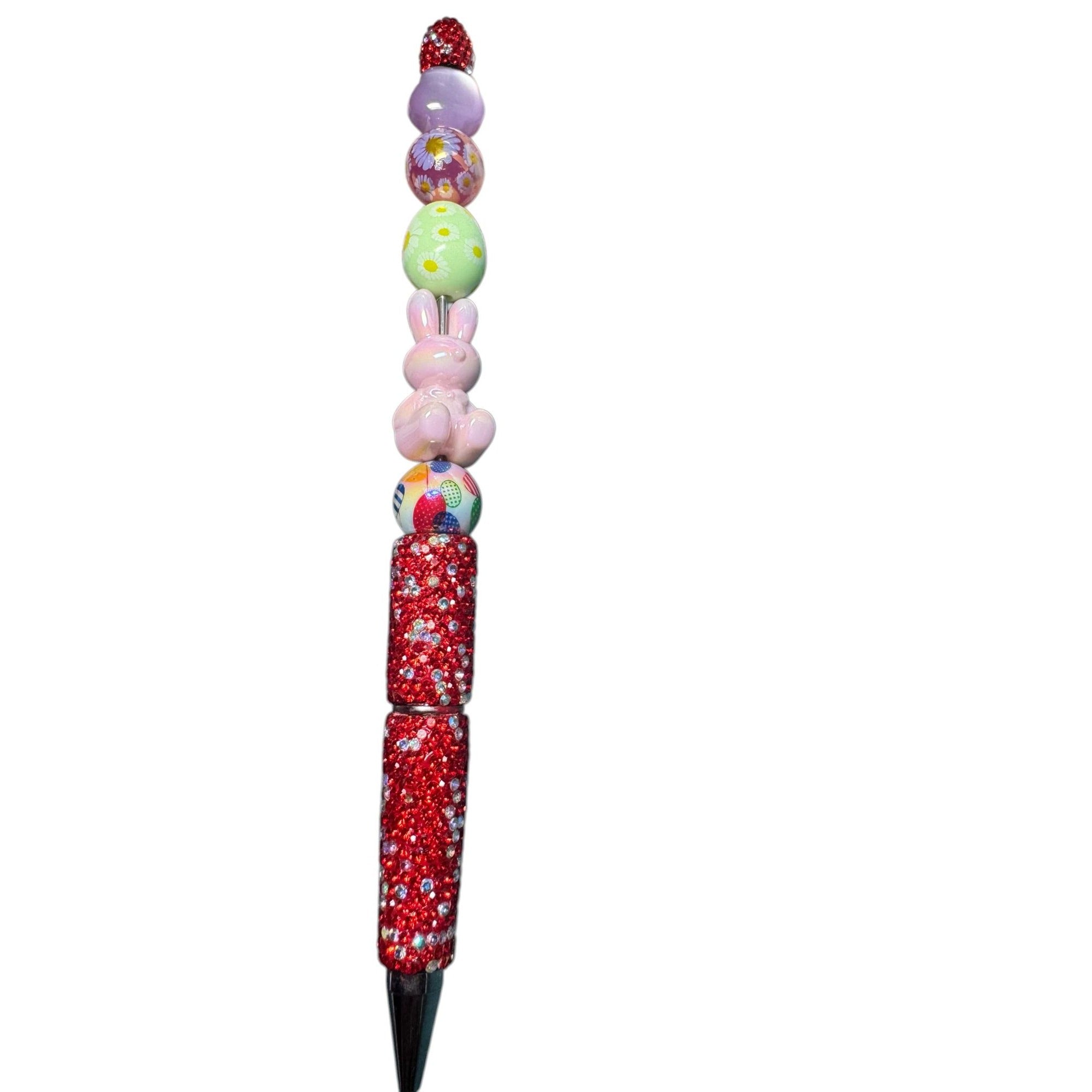 Handcrafted Easter-Themed Beaded Pen With Bunny & Egg Charms Red Glitter Accents And Spring Colors