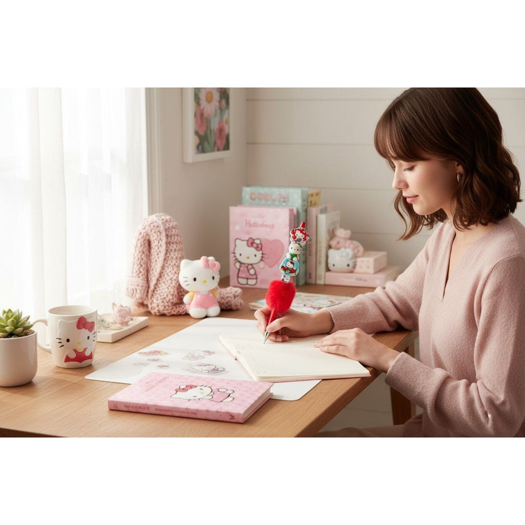 Hello Kitty Red Furry Pen With Decorative Charms & Iconic Designs For Writing Or Collecting