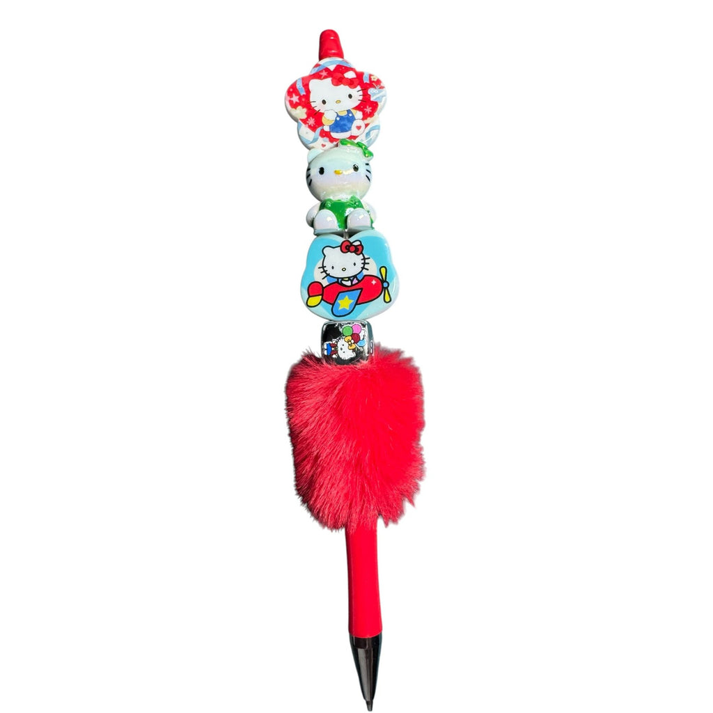 Hello Kitty Red Furry Pen With Decorative Charms & Iconic Designs For Writing Or Collecting