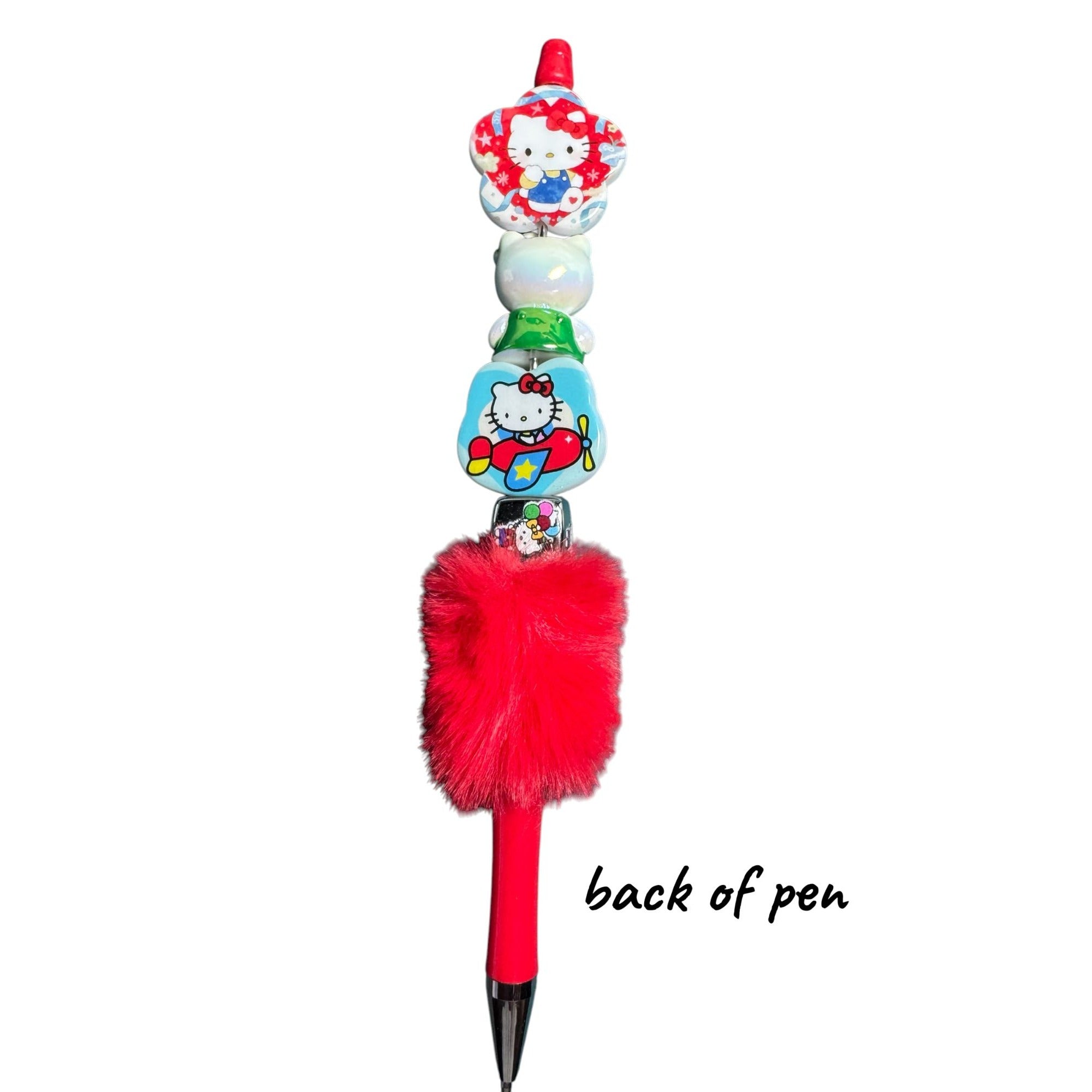 Hello Kitty Red Furry Pen With Decorative Charms & Iconic Designs For Writing Or Collecting
