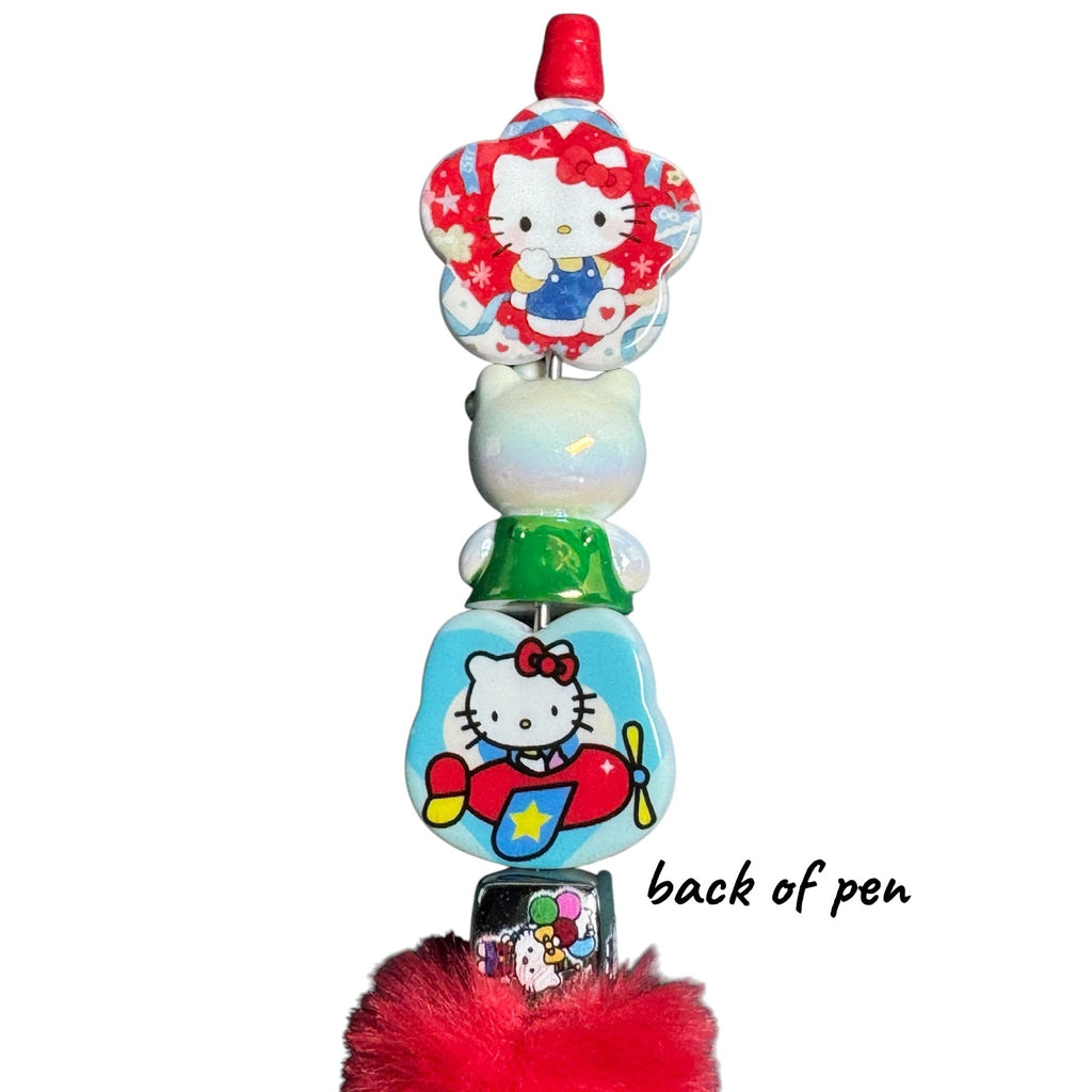 Hello Kitty Red Furry Pen With Decorative Charms & Iconic Designs For Writing Or Collecting