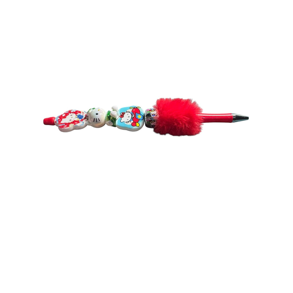 Hello Kitty Red Furry Pen With Decorative Charms & Iconic Designs For Writing Or Collecting