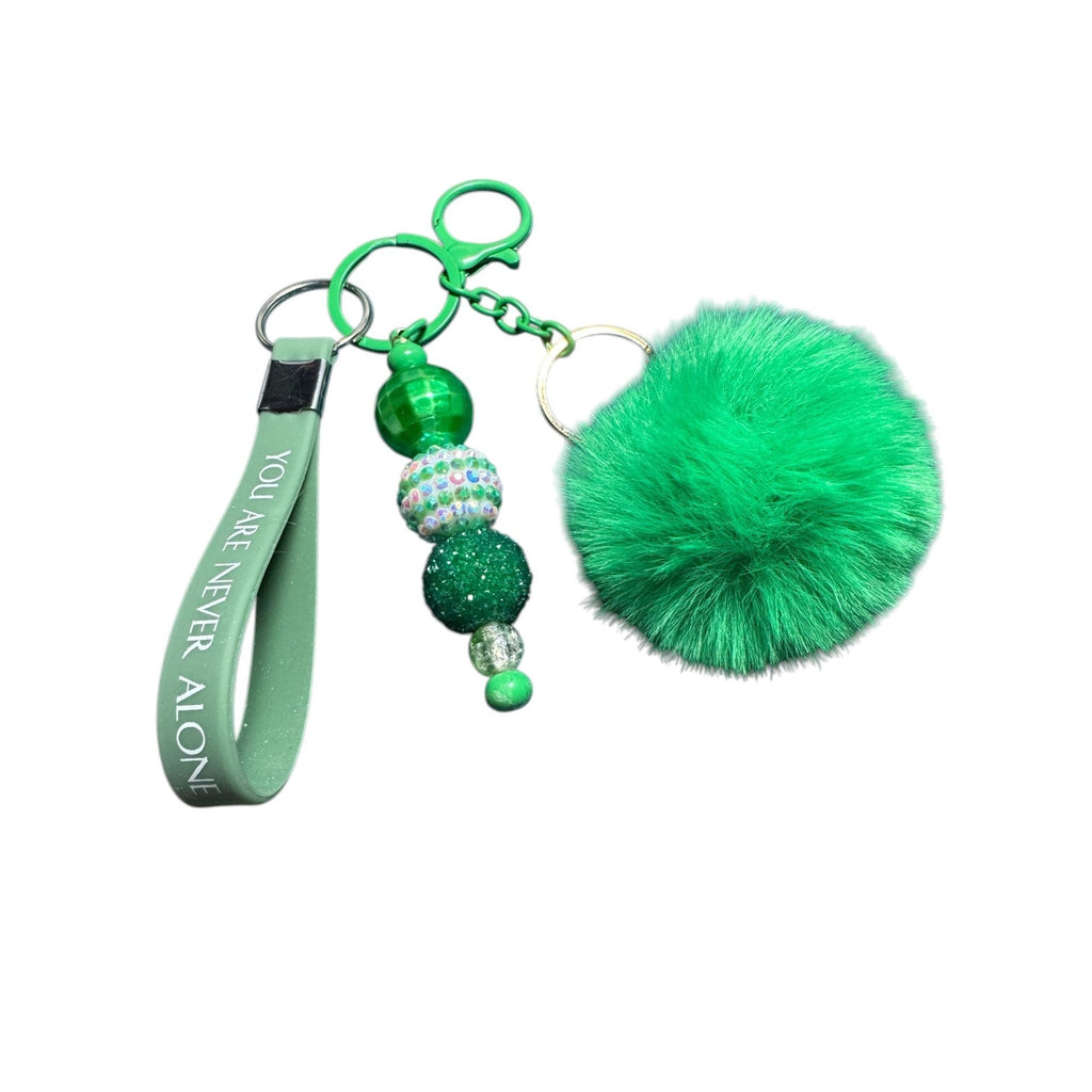 Green Pom Pom Keychain With Beaded Charm & "You Are Never Alone" Wrist Strap