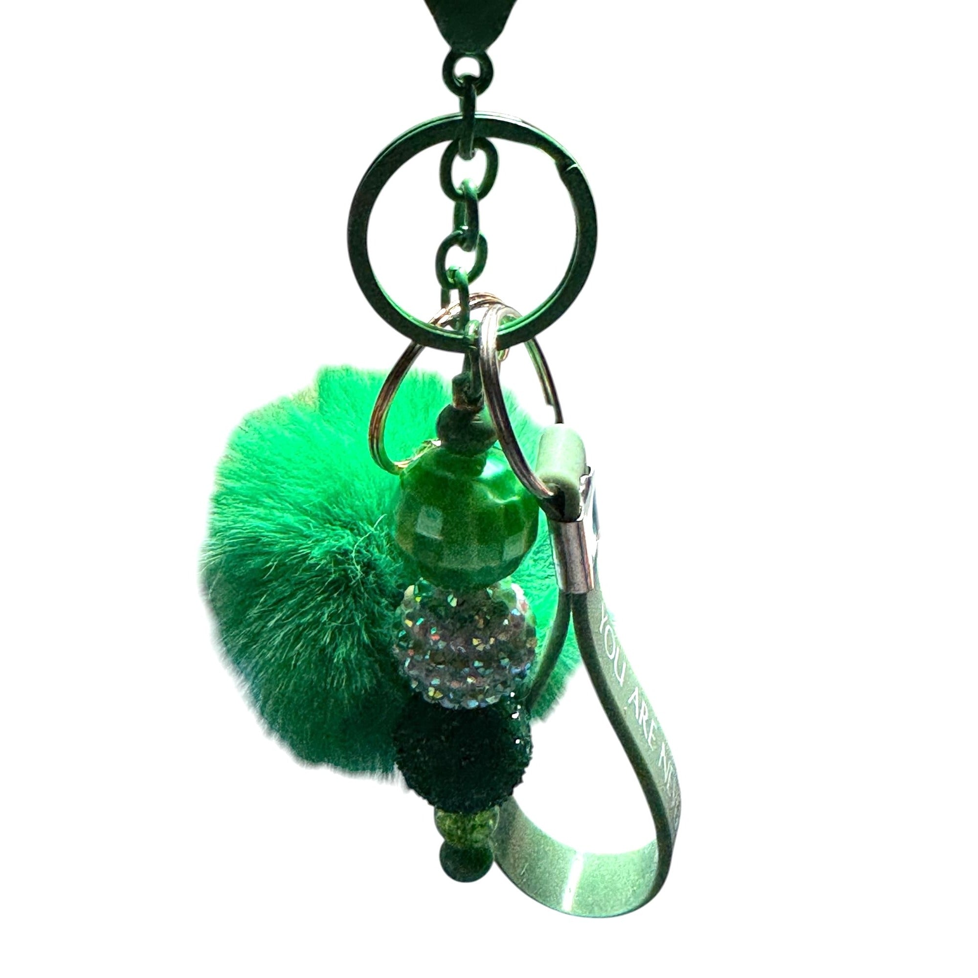 Green Pom Pom Keychain With Beaded Charm & "You Are Never Alone" Wrist Strap