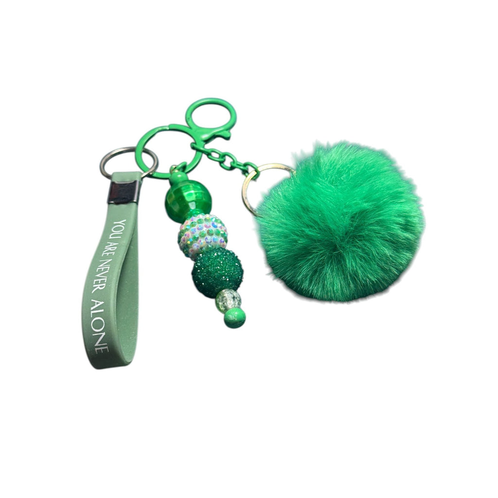 Green Pom Pom Keychain With Beaded Charm & "You Are Never Alone" Wrist Strap