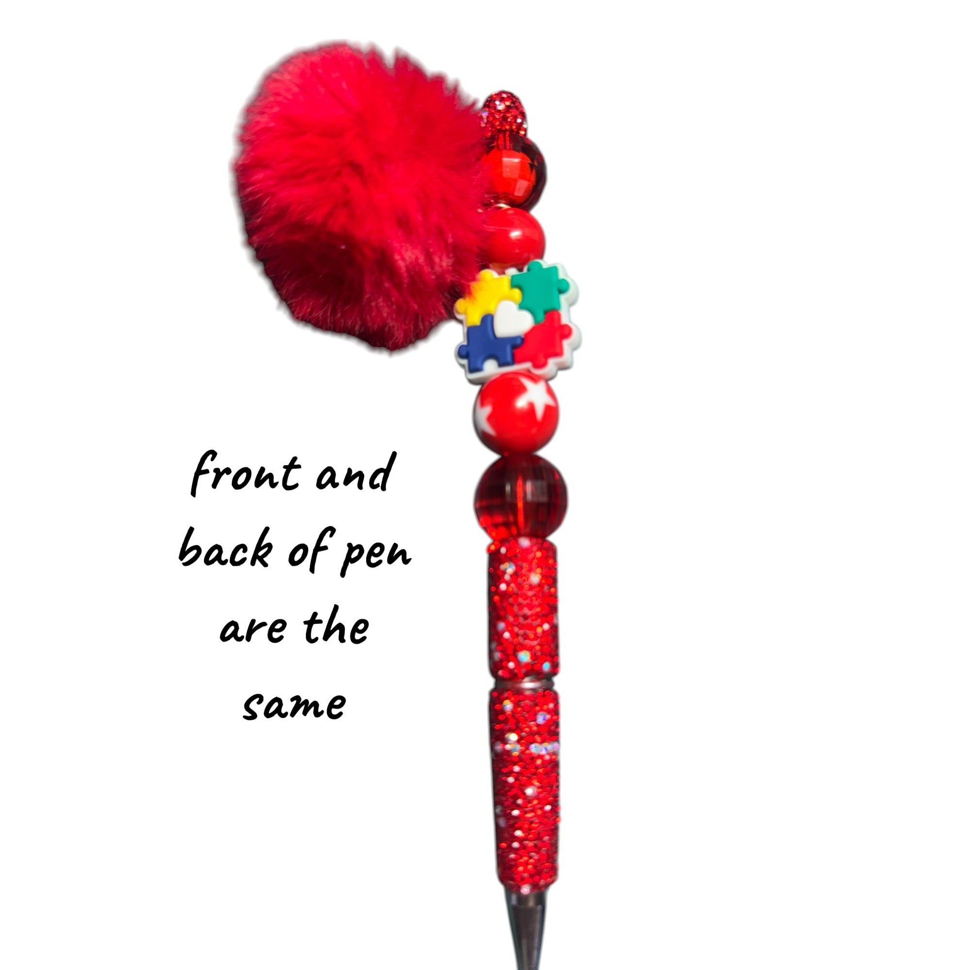 Autism Awareness Red Glitter Pen With Pom-Pom & Puzzle Piece Charms