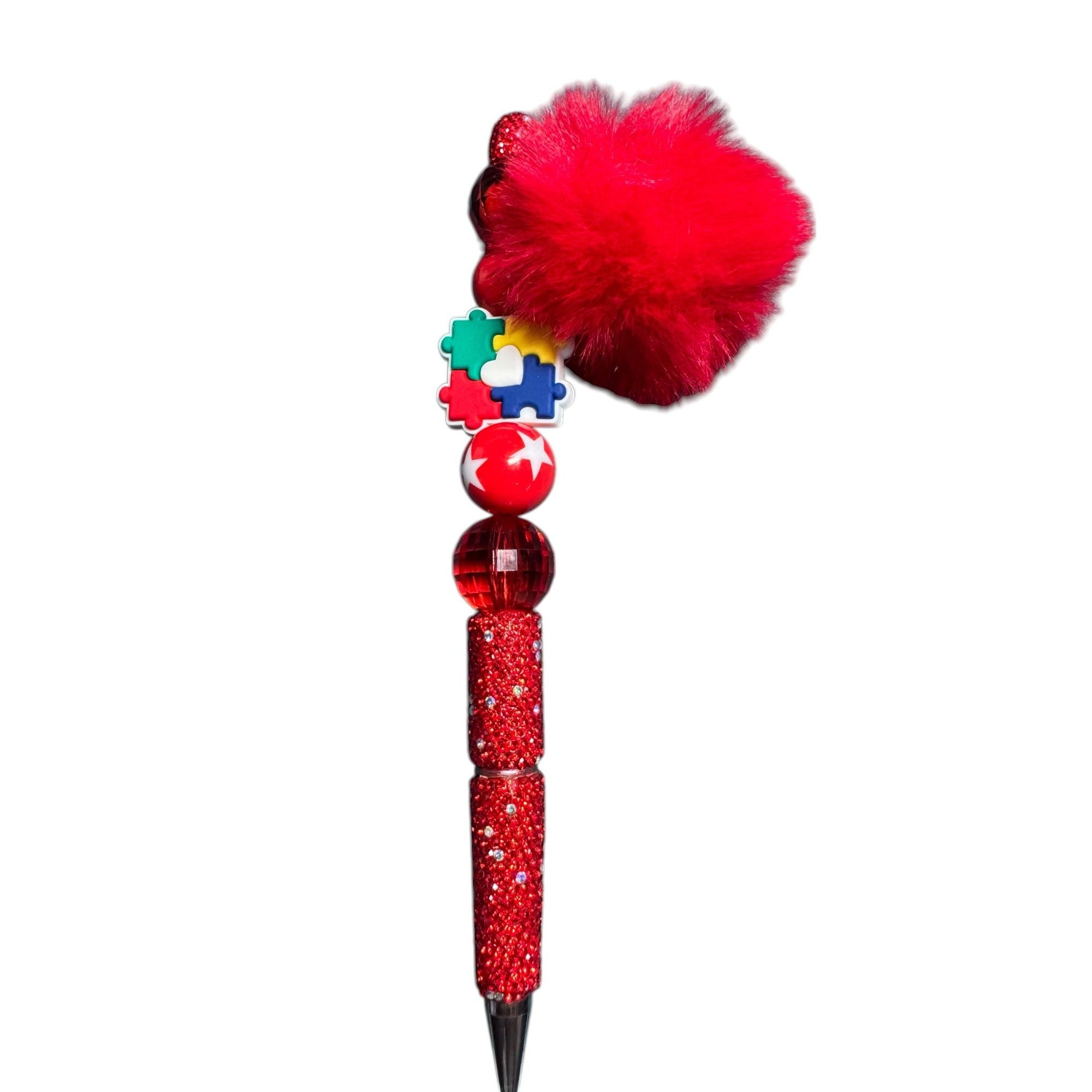 Autism Awareness Red Glitter Pen With Pom-Pom & Puzzle Piece Charms