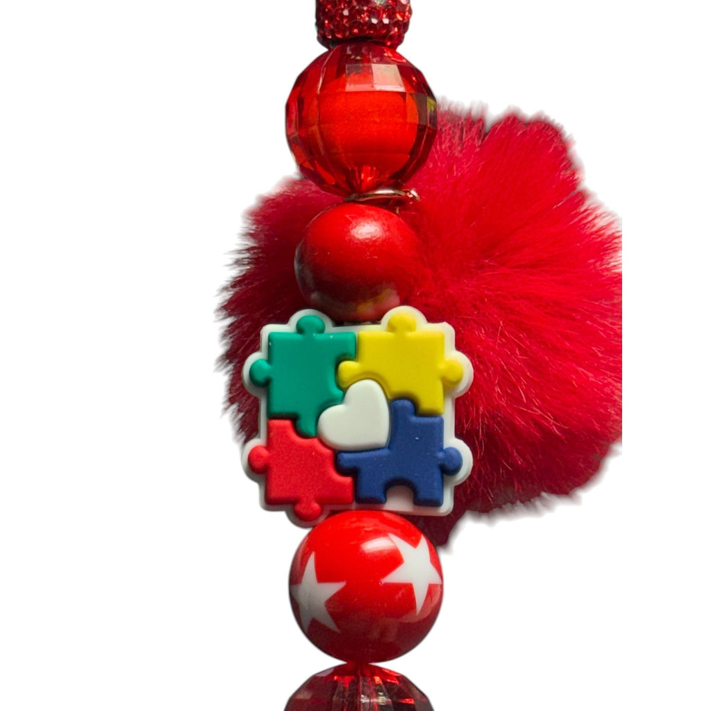Autism Awareness Red Glitter Pen With Pom-Pom & Puzzle Piece Charms