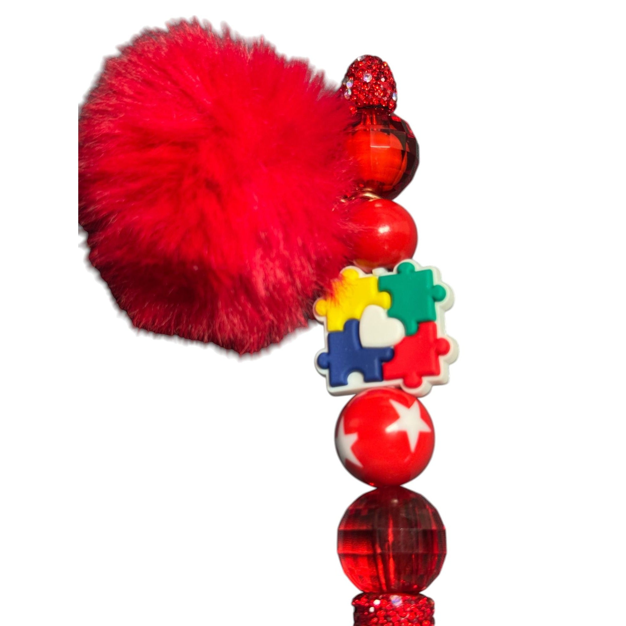Autism Awareness Red Glitter Pen With Pom-Pom & Puzzle Piece Charms