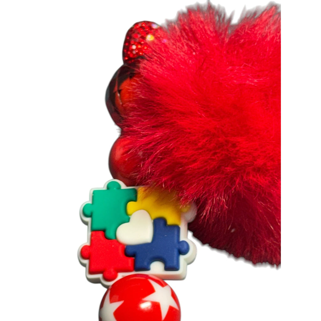 Autism Awareness Red Glitter Pen With Pom-Pom & Puzzle Piece Charms