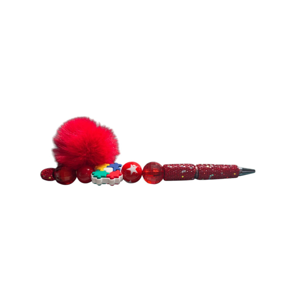 Autism Awareness Red Glitter Pen With Pom-Pom & Puzzle Piece Charms