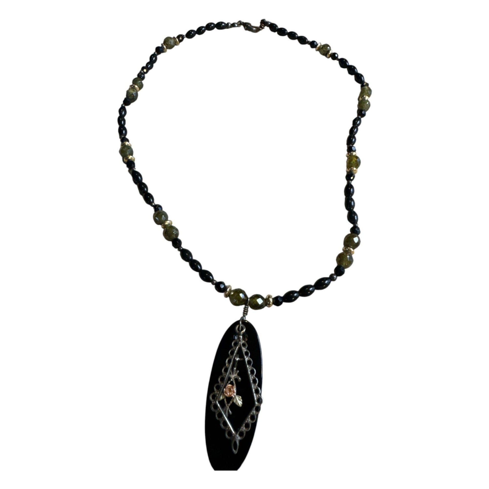 Black & Green Beaded Necklace With Oval Pendant & Rose Detail