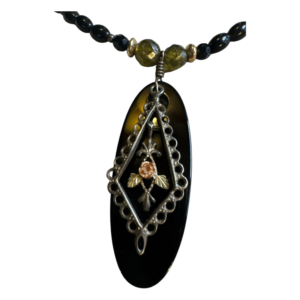 Black & Green Beaded Necklace With Oval Pendant & Rose Detail
