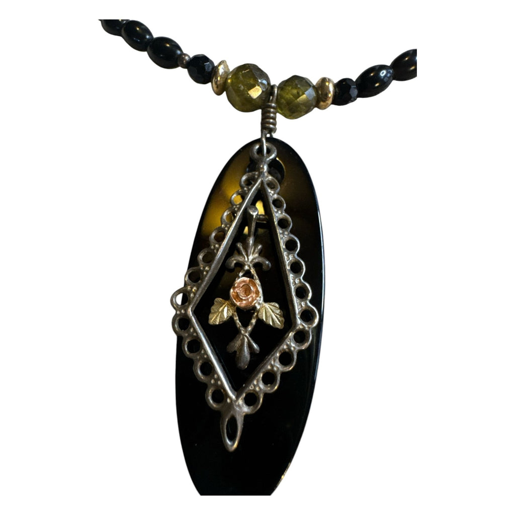 Black & Green Beaded Necklace With Oval Pendant & Rose Detail